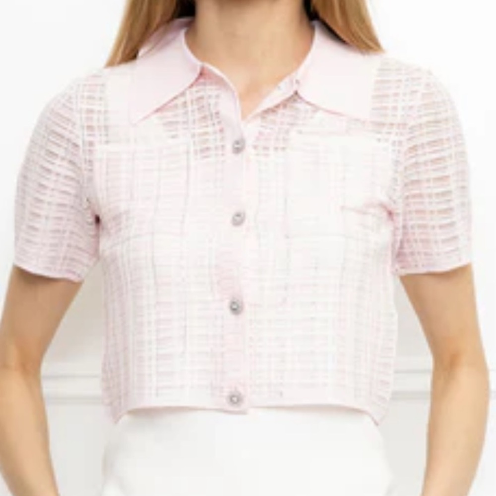 Light Pink Button-Down Rhinestone Short Sleeve Ca… - image 1